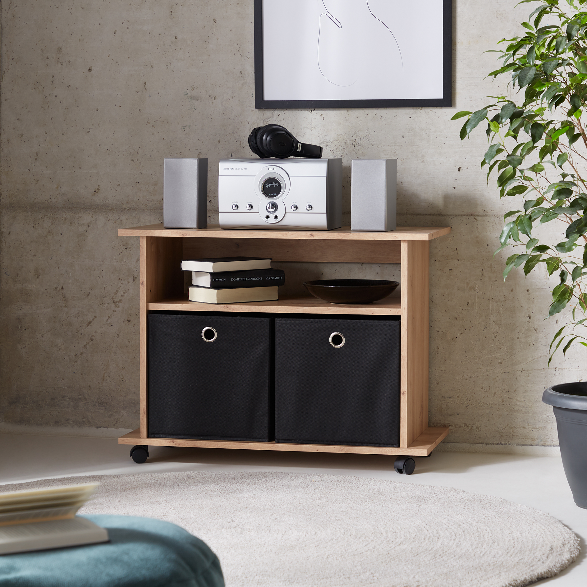 TV-Tisch - Artisan Eiche - 2 Fächer - auf Rollen