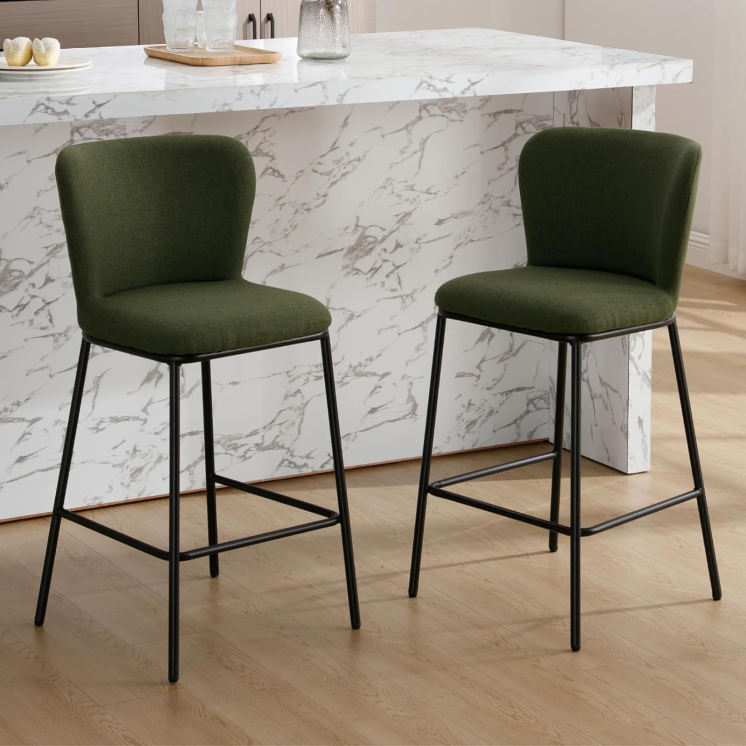 chairus Frühstück Barhocker 2er Set Thekenhocker für Esszimmer Armlose Leinen Küchenhocker Barstühle mit Rückenlehne Wohnzimmer (Grün)