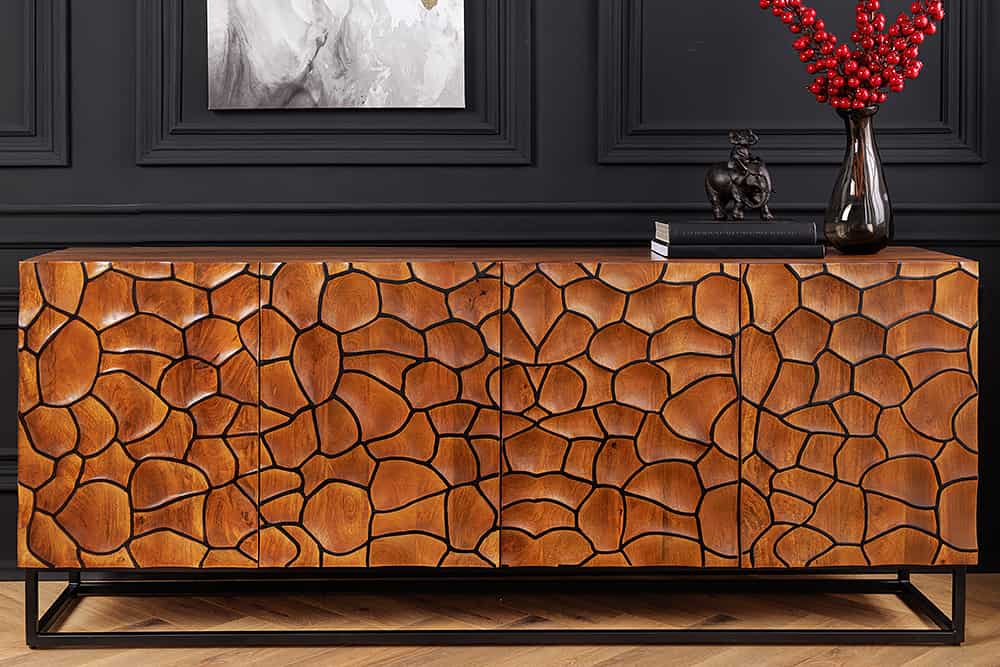Massivholz Sideboard VULCANO 180cm braun Mangoholz mit 3D Schnitzereien handmade Metallgestell schwarz