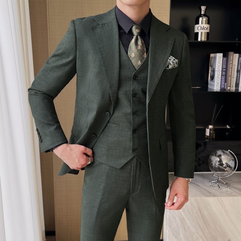 Sheck - Set: Reverskraag Melange Enkelrijs Blazer + V-hals Vest + Middelhoge Rechte Broek