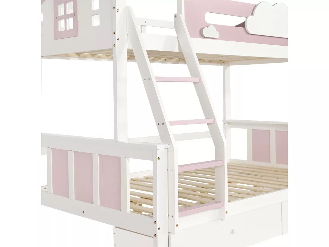 Lit superposé 90x200cm & 120x200cm - avec échelle et 2 tiroirs - en bois de pin et MDF - Blanc & Rose