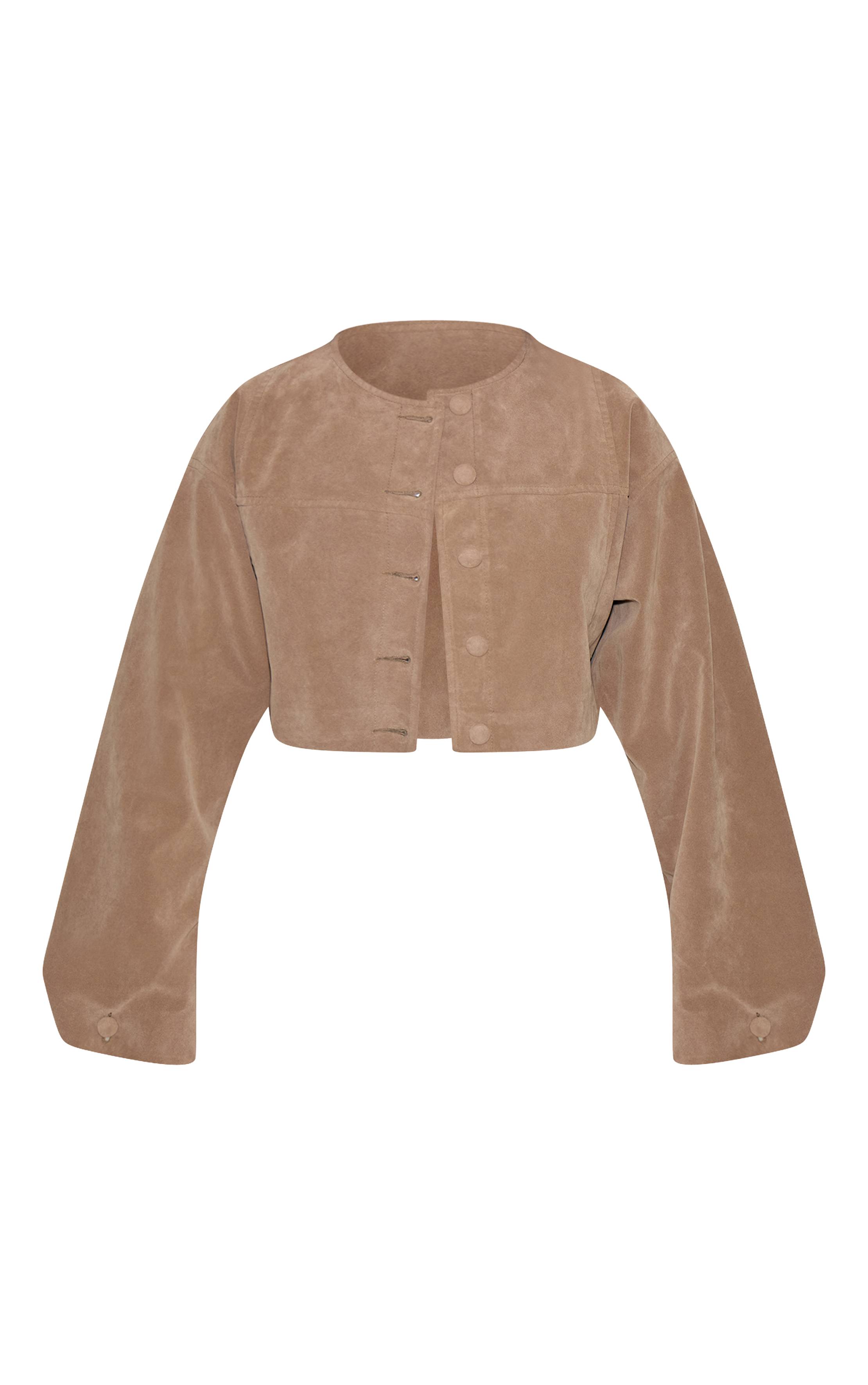 Beige Veste En Daim Beige Courte Avec Détail De Manches Froncées