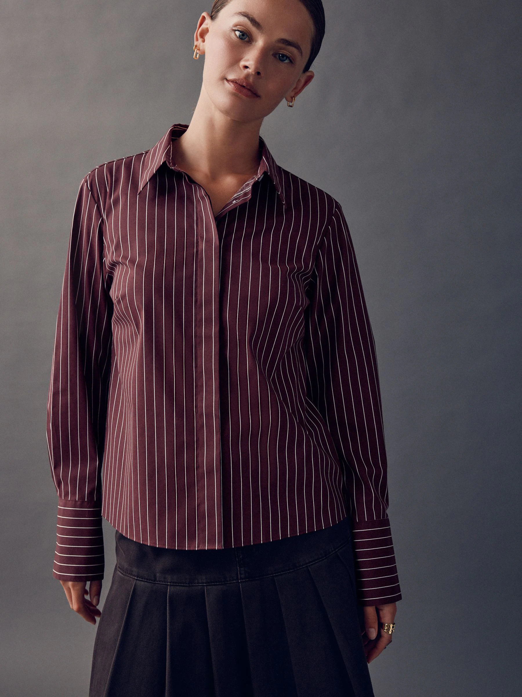 Bordeauxrood gestreept - Fitted Stretch Essential Long Sleeve Shirt