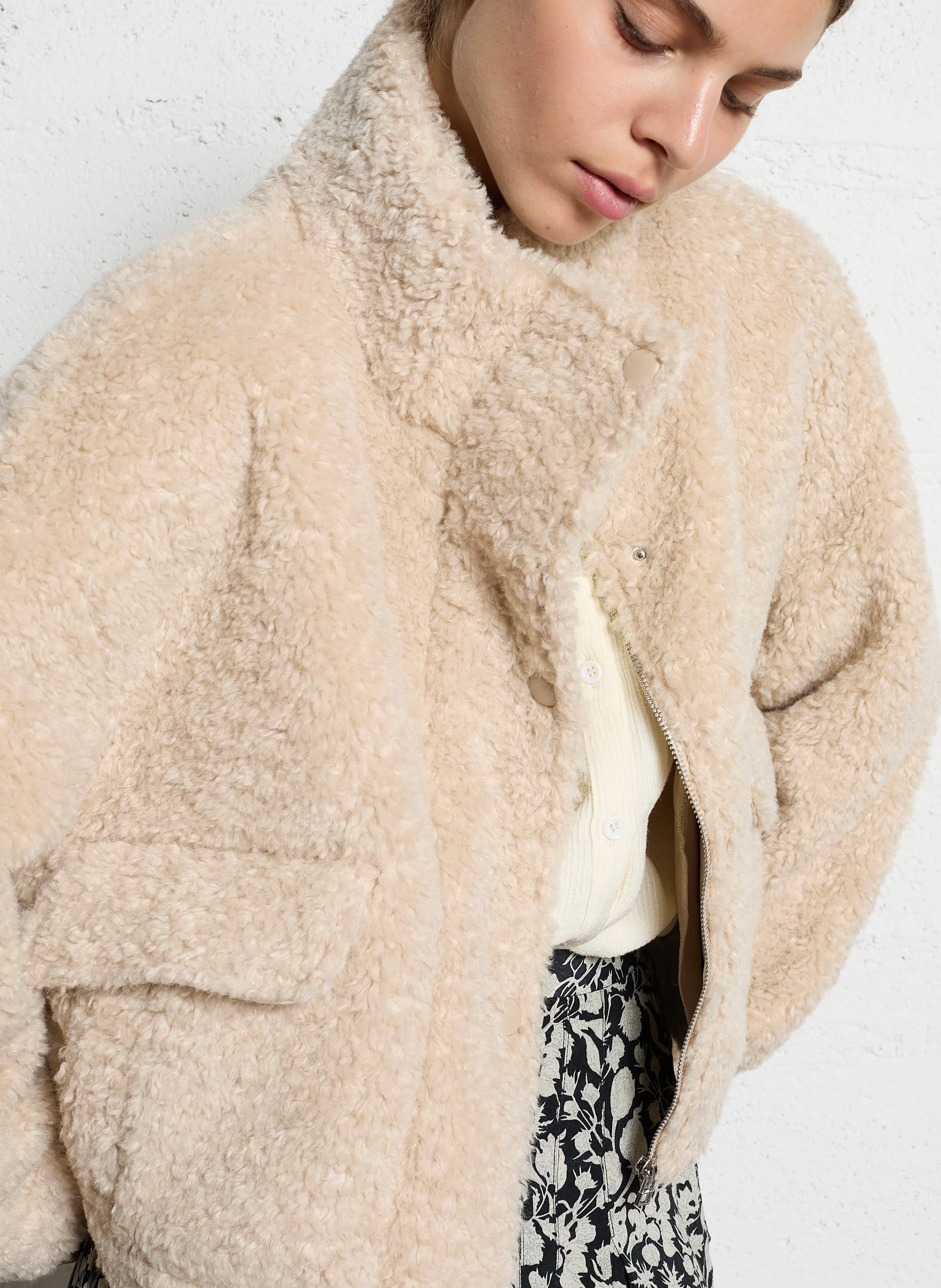 Veste col montant effet fourrure | Beige