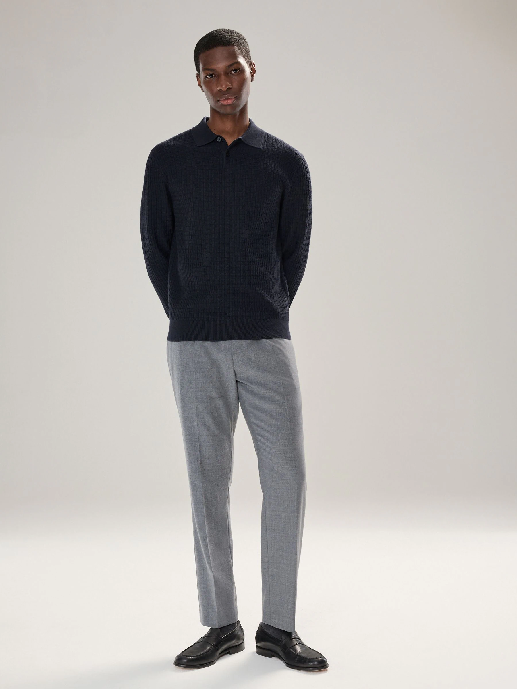 Donkerblauw - Textuur - Regular Fit Essential Long Sleeve Knitted Polo Shirt