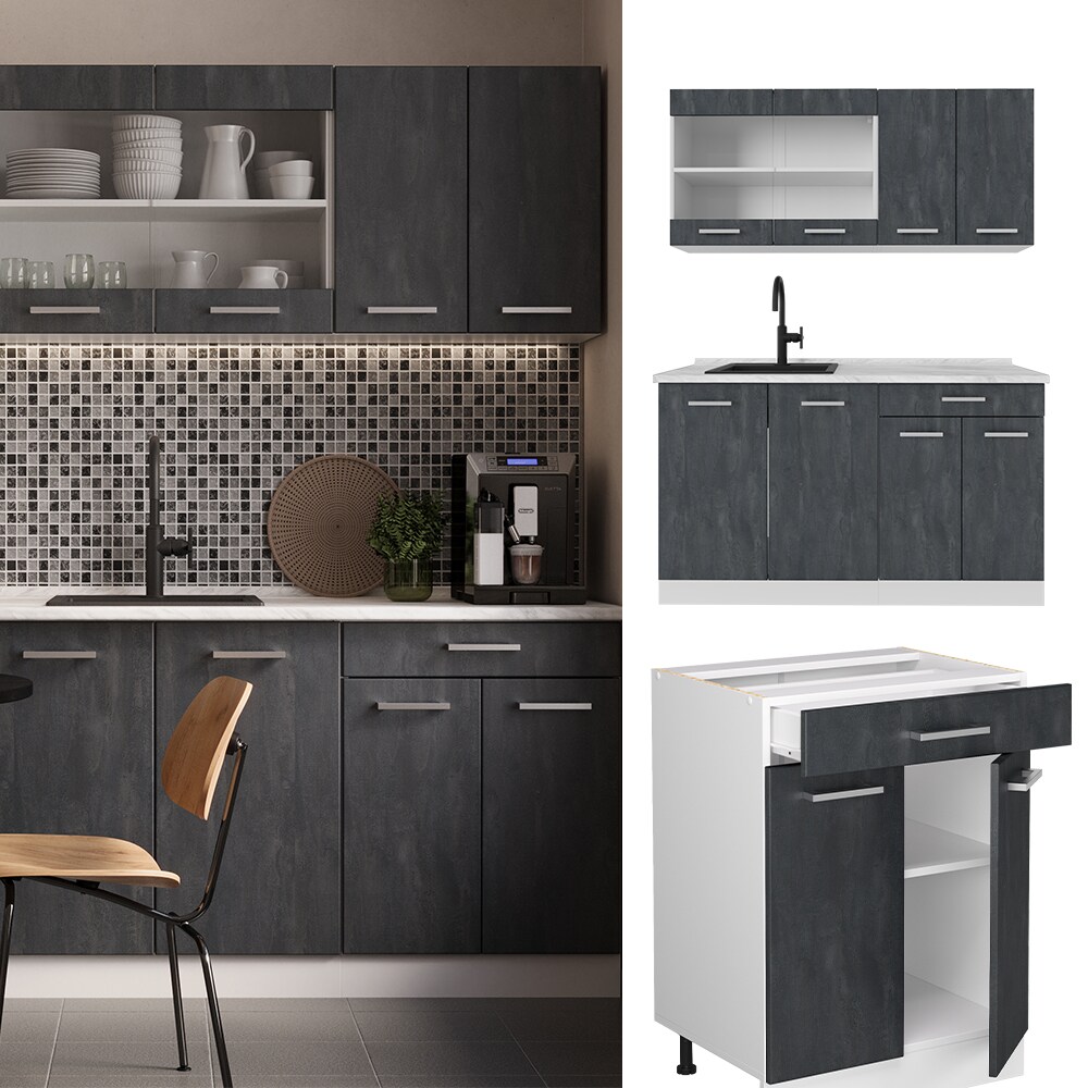 Vicco Singleküche R-Line 140 cm Schwarz Beton Weiß mit Arbeitsplatte Anthrazit