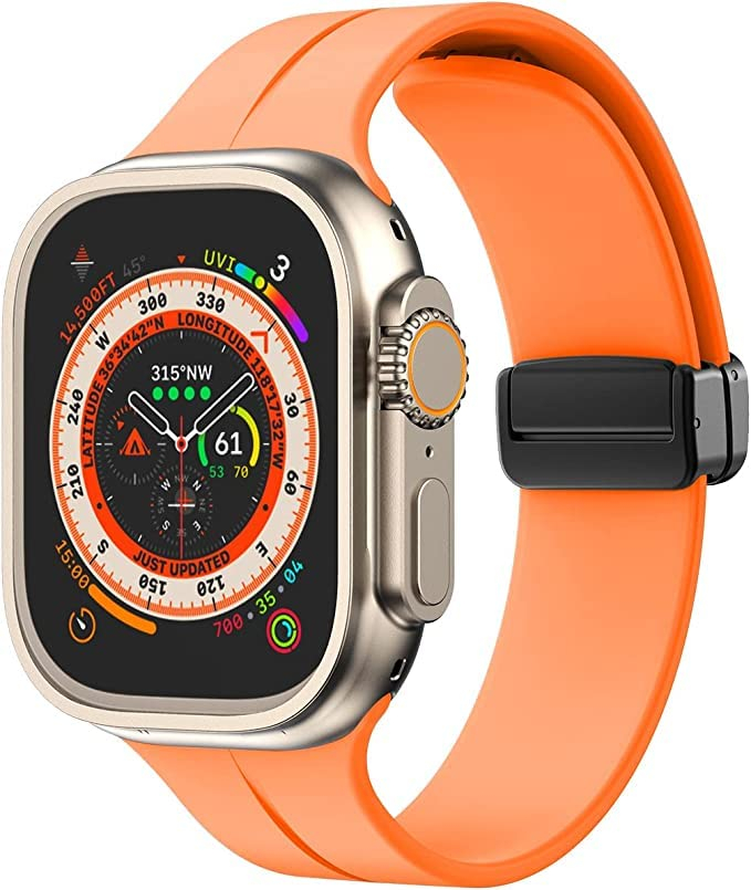 Apple Watch (49/46/45/44 mm) Ersatz Silikon Sport Armband mit magnetischer Faltschliesse (Gelenkumfang: 175-210mm) - Orange