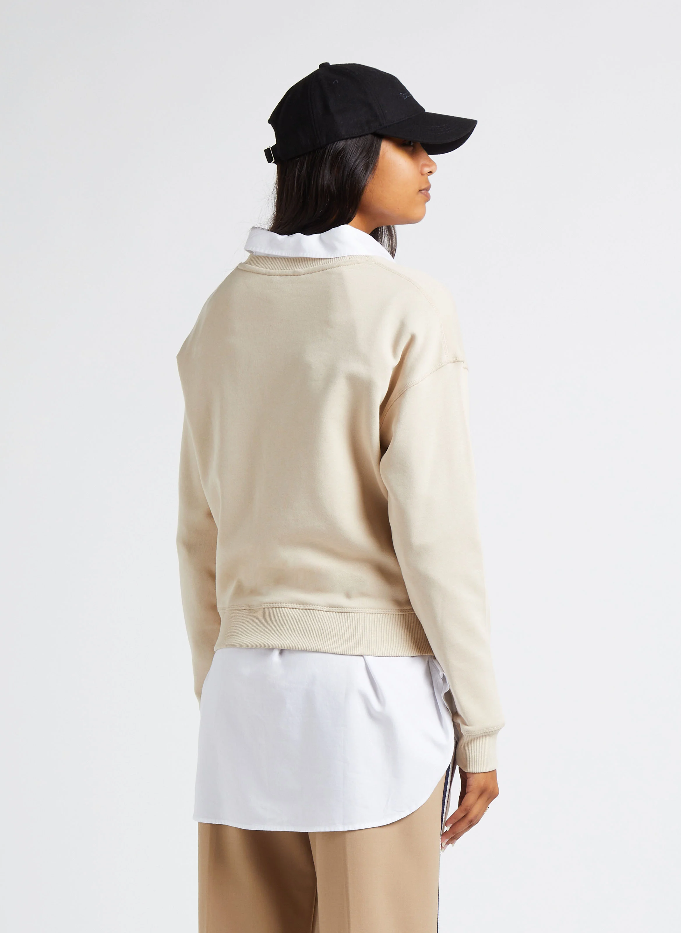 Sweat col rond brodé en coton| Beige