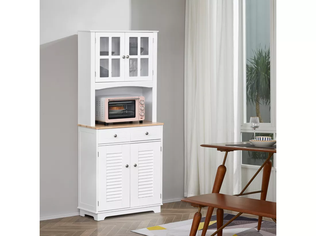Armoire de cuisine 2 placards 2 portes persiennes et acryliques 2 tiroirs grande niche bois caoutchouc MDF blanc