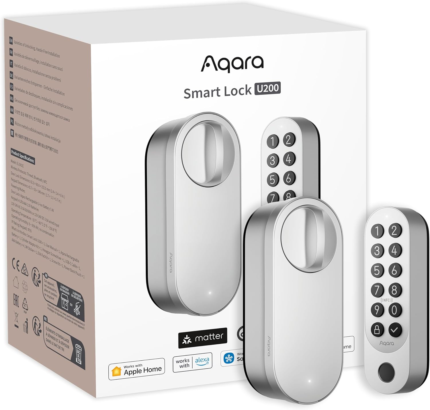 U200 Smartes Türschloss NFC & Fingerabdruck / Matter-over-Thread / 2-Wege-Zugang / Wiederaufladbarer Akku / iOS/Android (EL-D02DS)  - Silber
