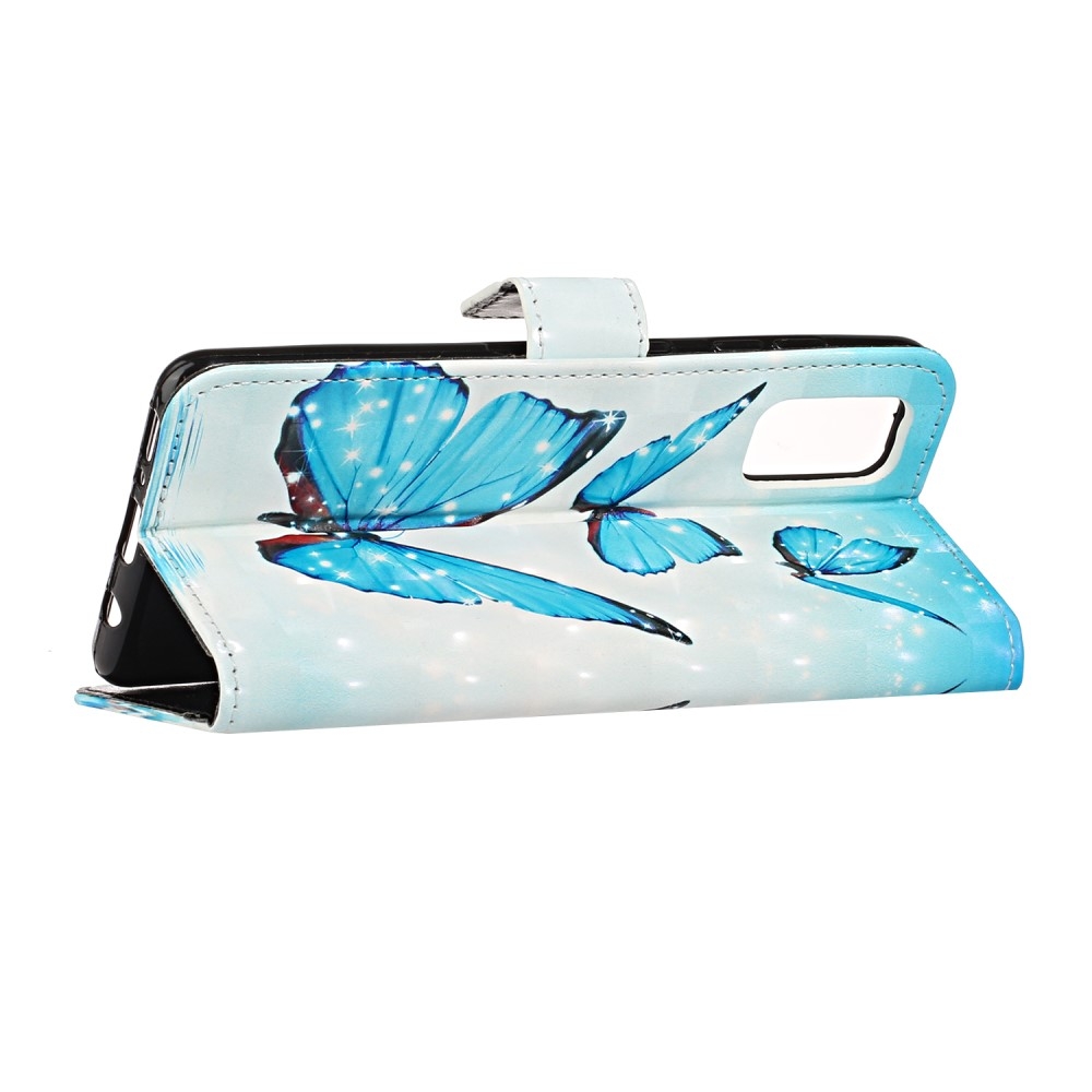 Samsung Galaxy A41 Leder Tasche mit Kartenfächern - Schmetterlinge (Blau)