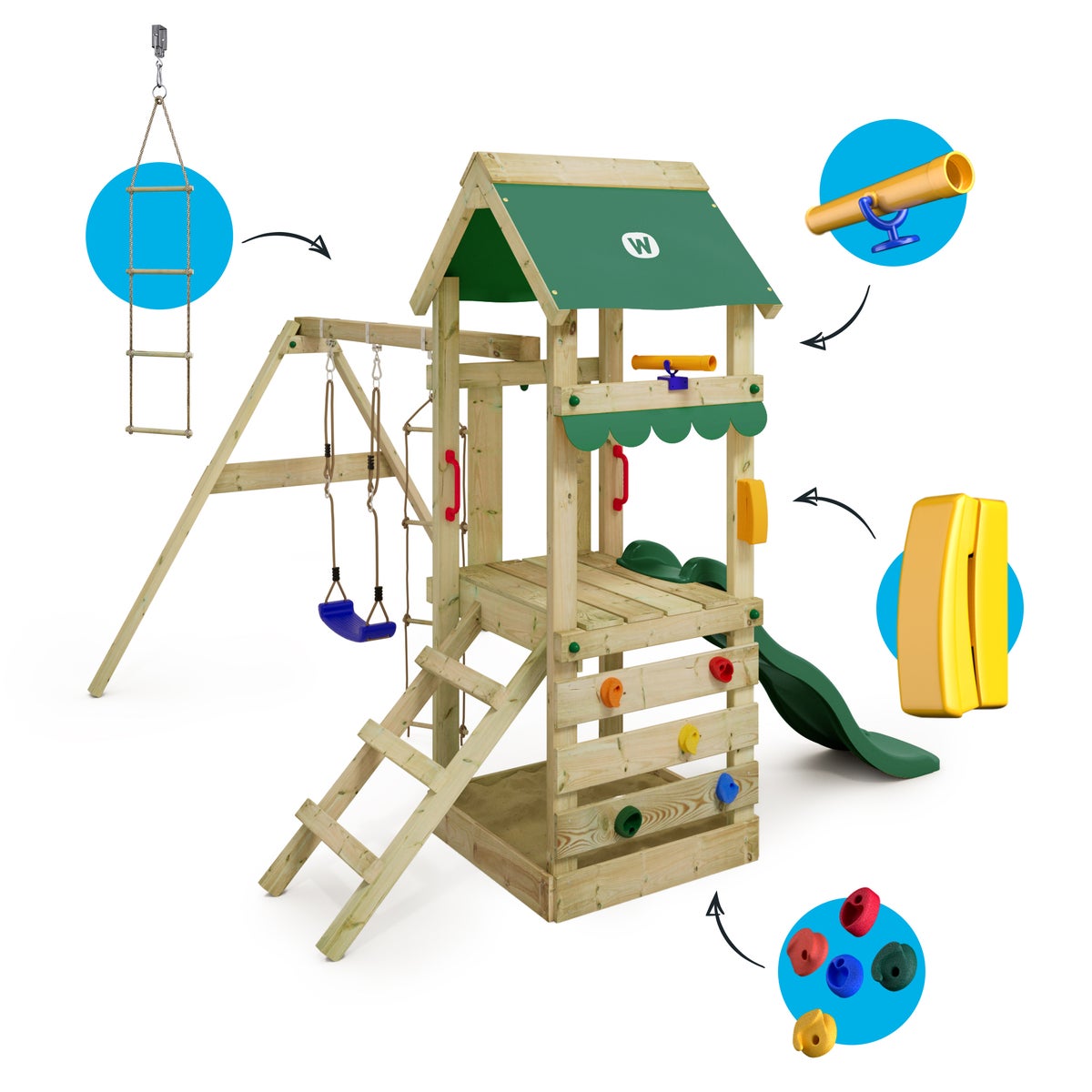 WICKEY FreshFlyer speeltoren klimtoestel met schommel en glijbaan, klimtoren met zandbak, klimladder en speeltoebehoren - groen