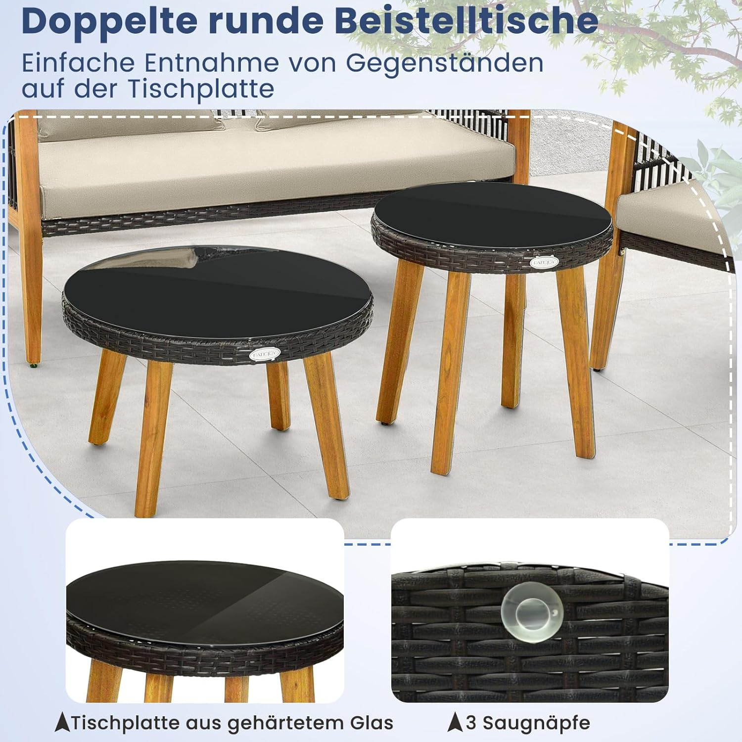 COSTWAY 5-teiliges Rattan Gartenmöbel Set Akazienholz, Gartenbank & 2 Gartenstühle & 2 Couchtische, Sitz- und Rückenkissen, Terrassenmöbel Polyrattan Sitzgruppe für Hinterhof, Poolbereich