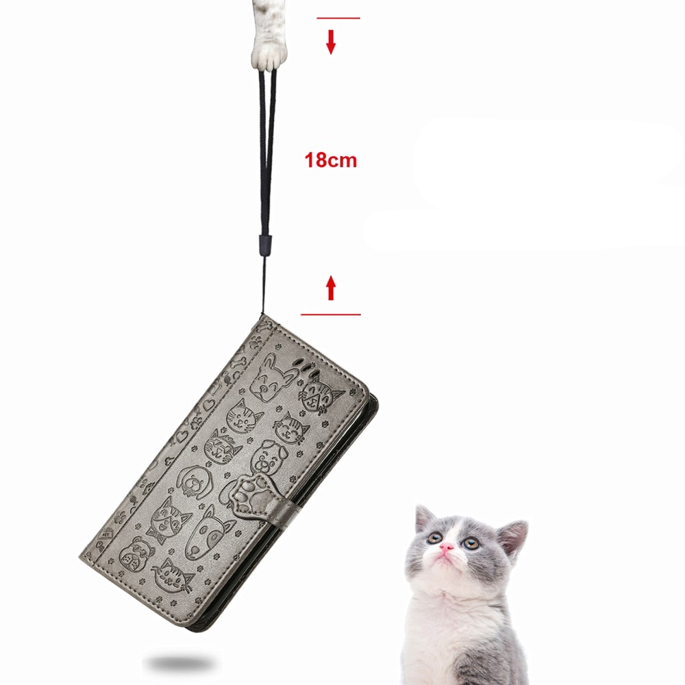iPhone SE (2022/2020) / 8 / 7 / 6S Leder Tasche Flip Cover Hunde & Katzen Imprint - Grau