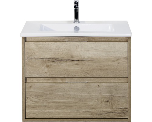 Sanox Porto badkamermeubelset (B x H x D): 71 x 57 x 51 cm, frontkleur: natuurlijk eiken, met witte keramische wastafel