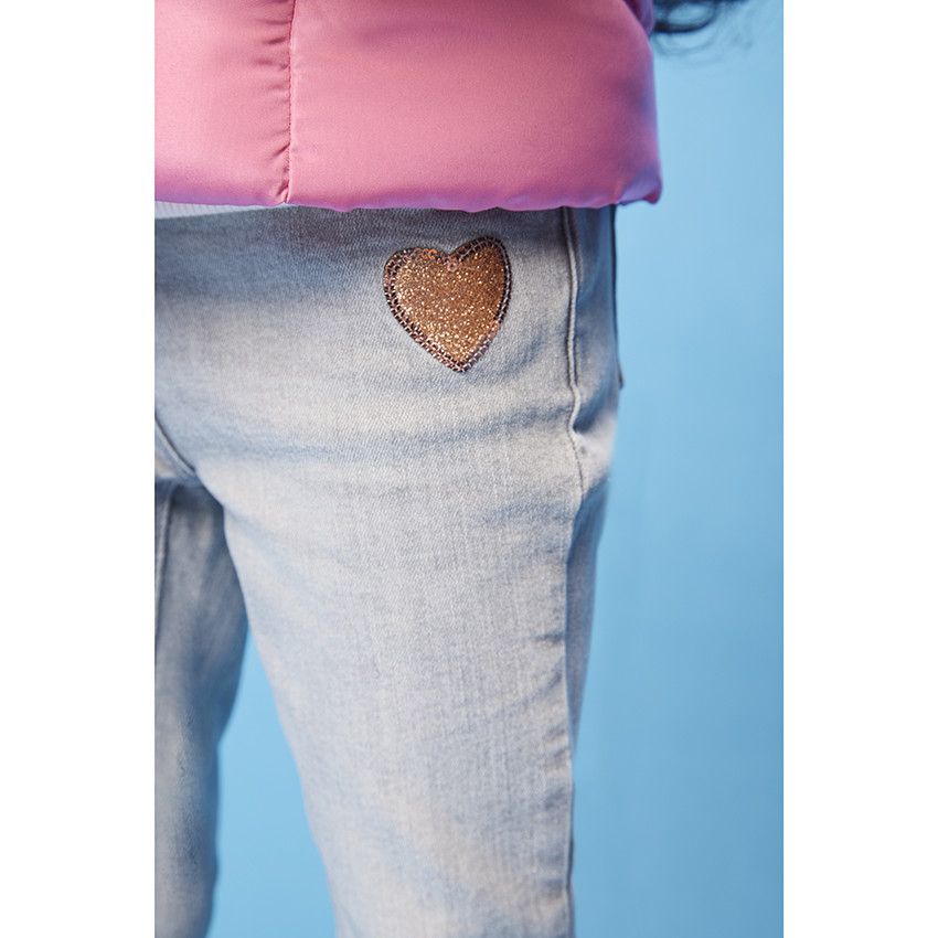 Jean droit en denim patch cœur pailleté pour fille - Gris chiné