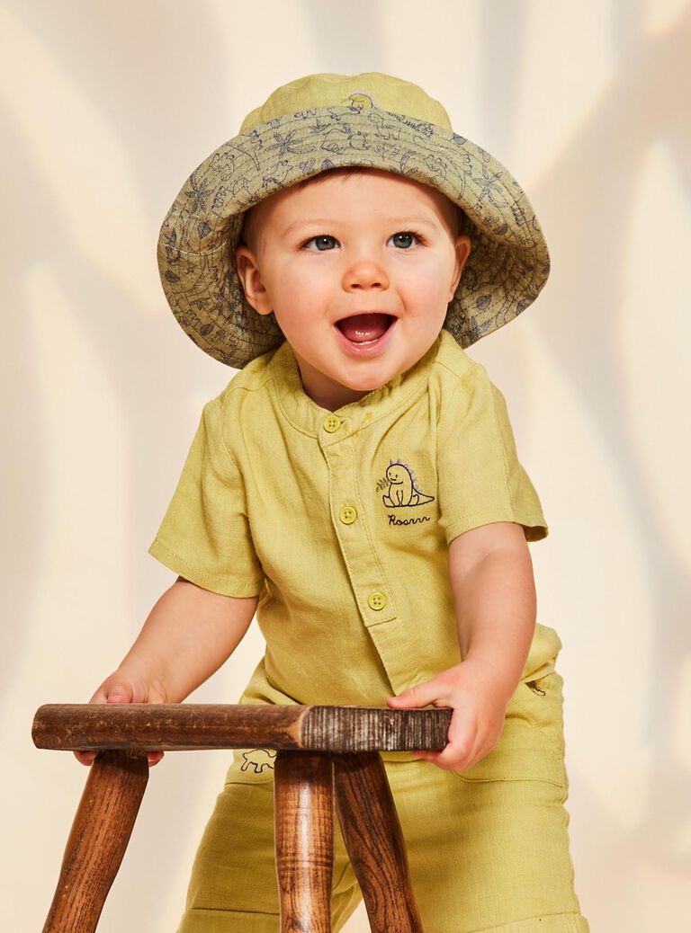 Chemise verte en lin à broderie dinosaure