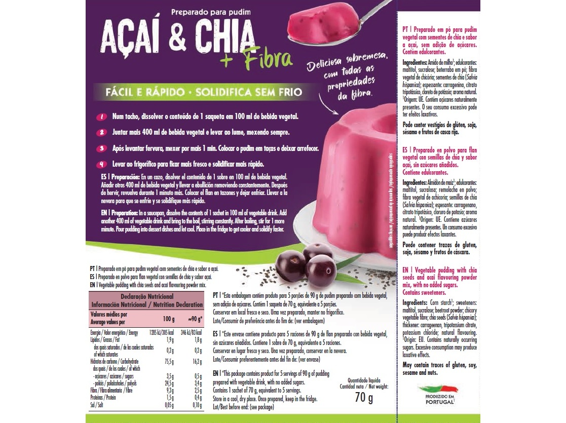 PREPARADO PUDIM CEM PORCENTO AÇAÍ CHIA SEM AÇÚCAR 70G