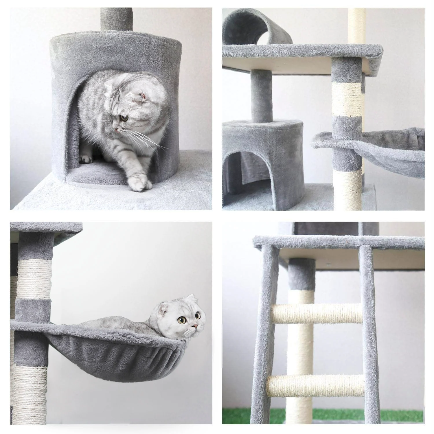 Árvore para Gatos Nobleza Deluxe com Múltiplas Plataformas, Poste de Sisal, Toca para Descanso e Rede. Cinza e Bege. (59*59*156)cm