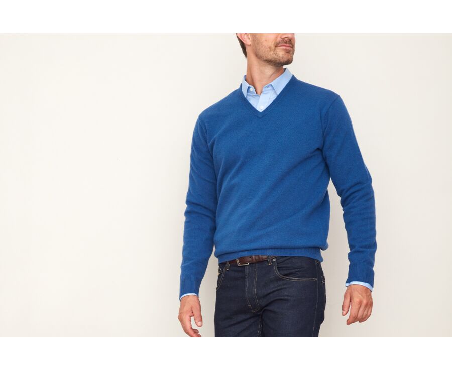 Pull col V homme laine Bleu denim - ELIAN