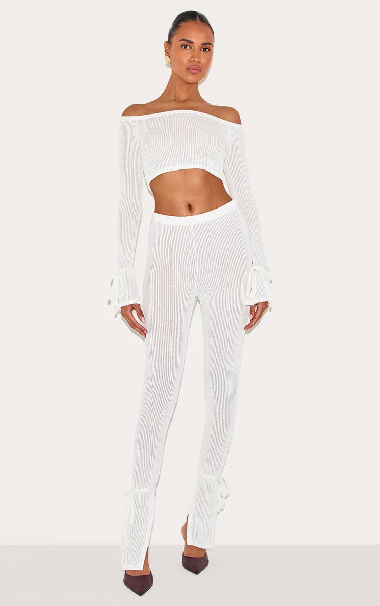 Crème Legging Côtelé Transparent Doux Avec Ourlets Fendus Et Liens Décoratifs