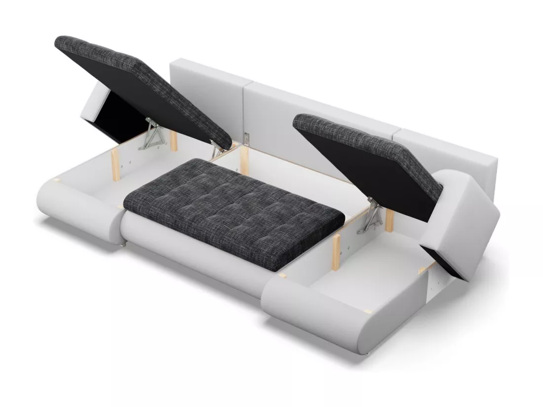 Canapé d'angle en U avec fonction sommeil, 2 méridiennes, Noir + Gris