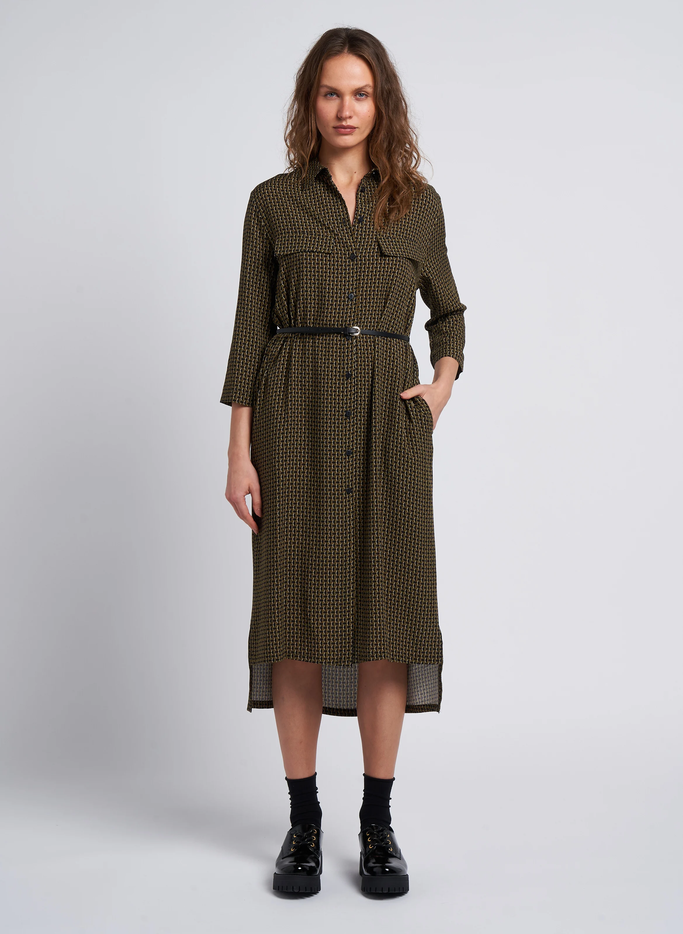 Robe midi col classique imprimée| Vert