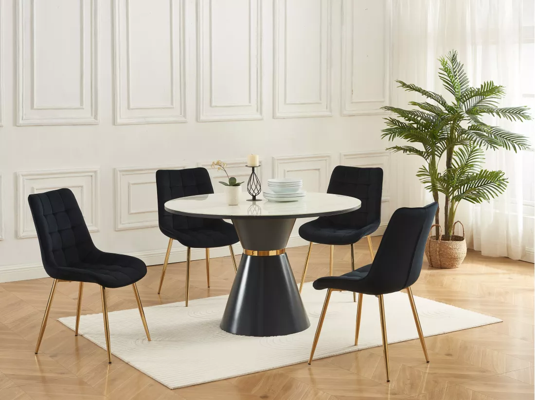 Lot de 6 chaises matelassées en velours et métal doré - Noir - OLLUA