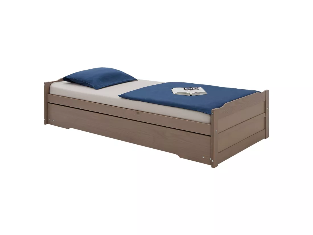 Lit gigogne LORENA 1 place tiroir lit simple fonctionnel pour enfant 90 x 190 cm en pin massif lasuré taupe