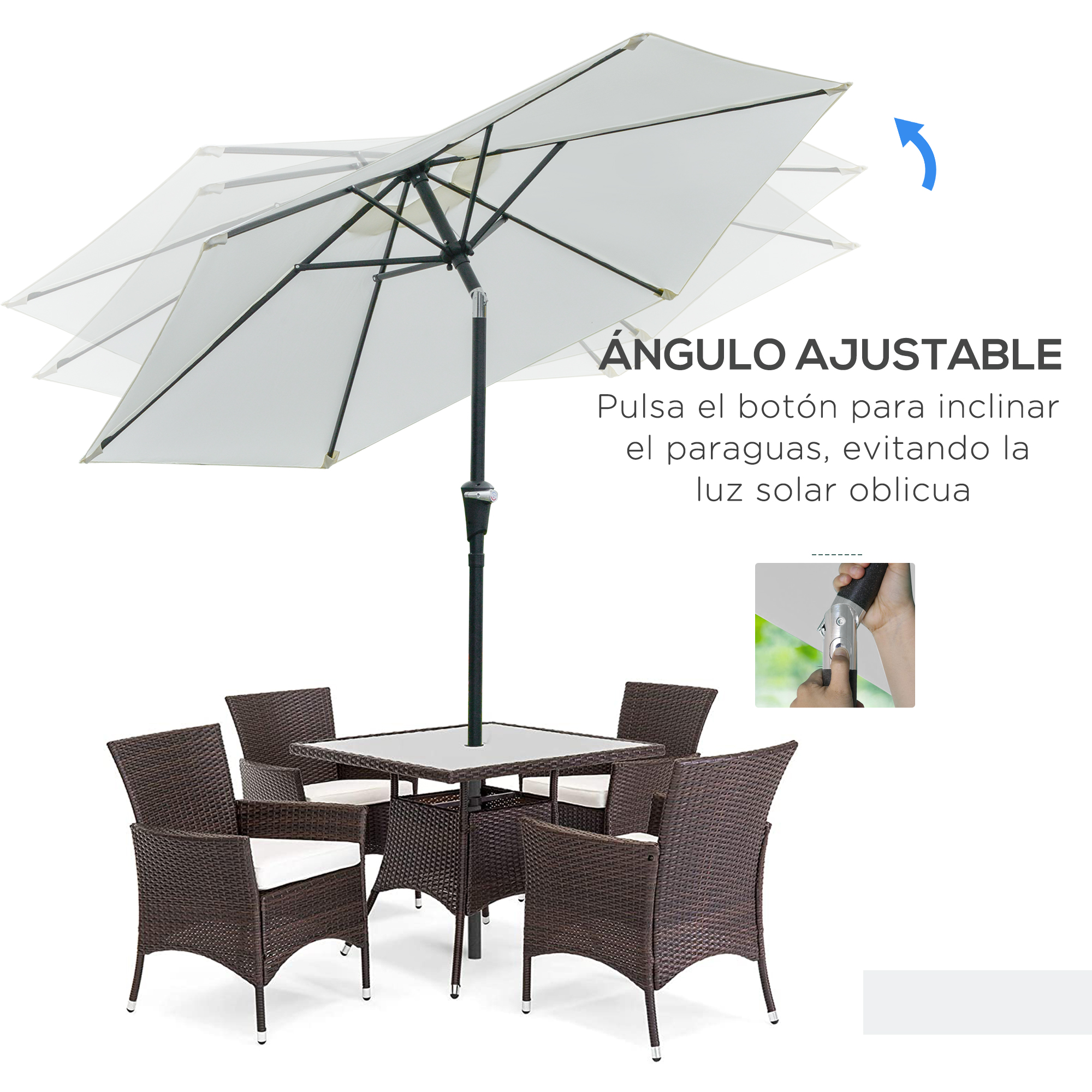 Guarda-sol de jardim Outsunny Ø230x216 cm com abertura manual, ângulo ajustável e impermeável para varanda e piscina, cor creme.