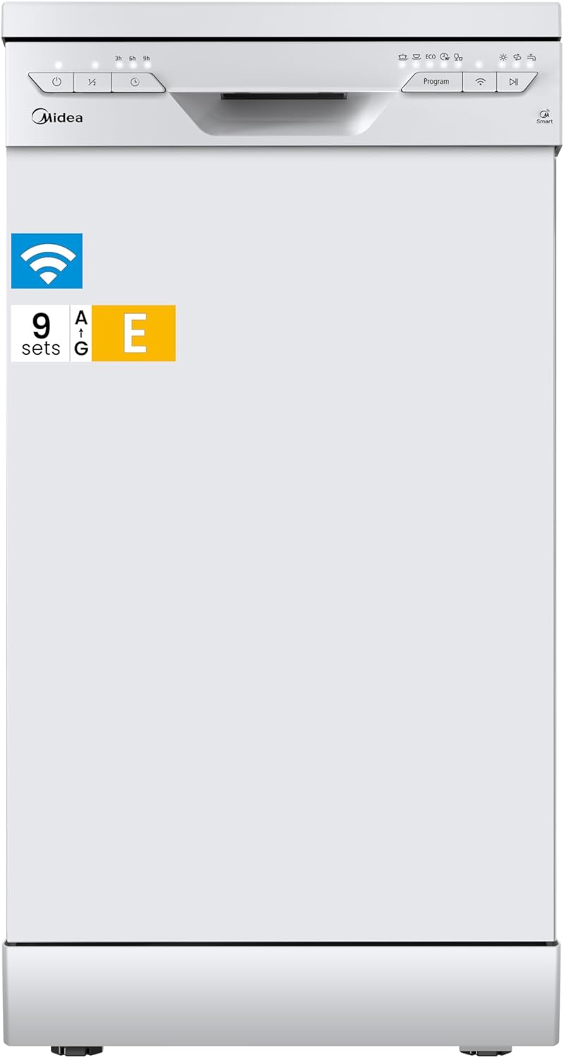 Midea SF 3.45NW PRO Geschirrspüler 45 cm Freistehend und Unterbaufähig, 9 Maßgedecke, Spülmaschine mit WLAN, 5 Programme, Höhenverstellbarer Oberkorb, 47 dB, Weiß
