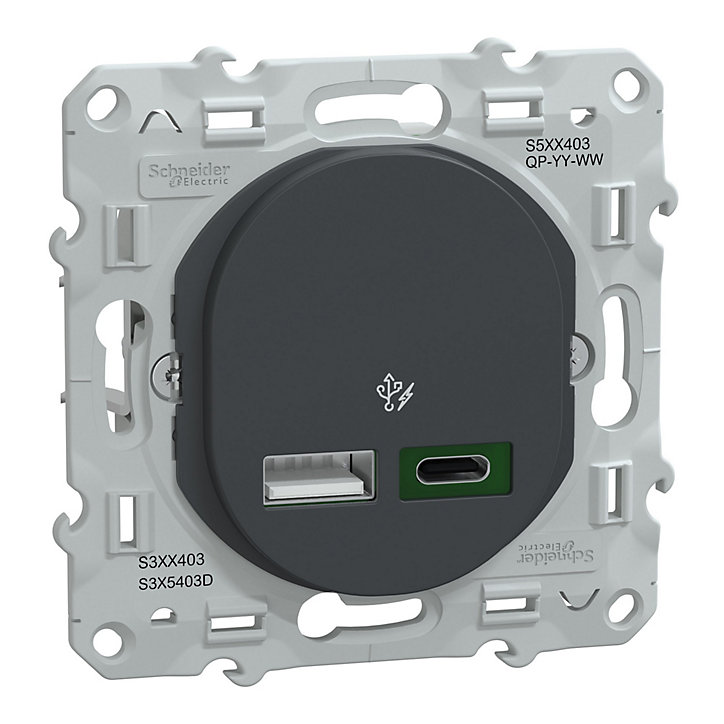 Mécanisme chargeur double usb A 7.5W + C 45W Schneider Electric Ovalis anthracite