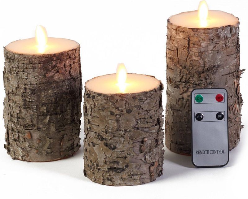 Set van 3 luxe berkenhout kleur LED stompkaarsen met afstandsbediening - Woondecoratie - LED kaarsen - Elektrische kaarsen