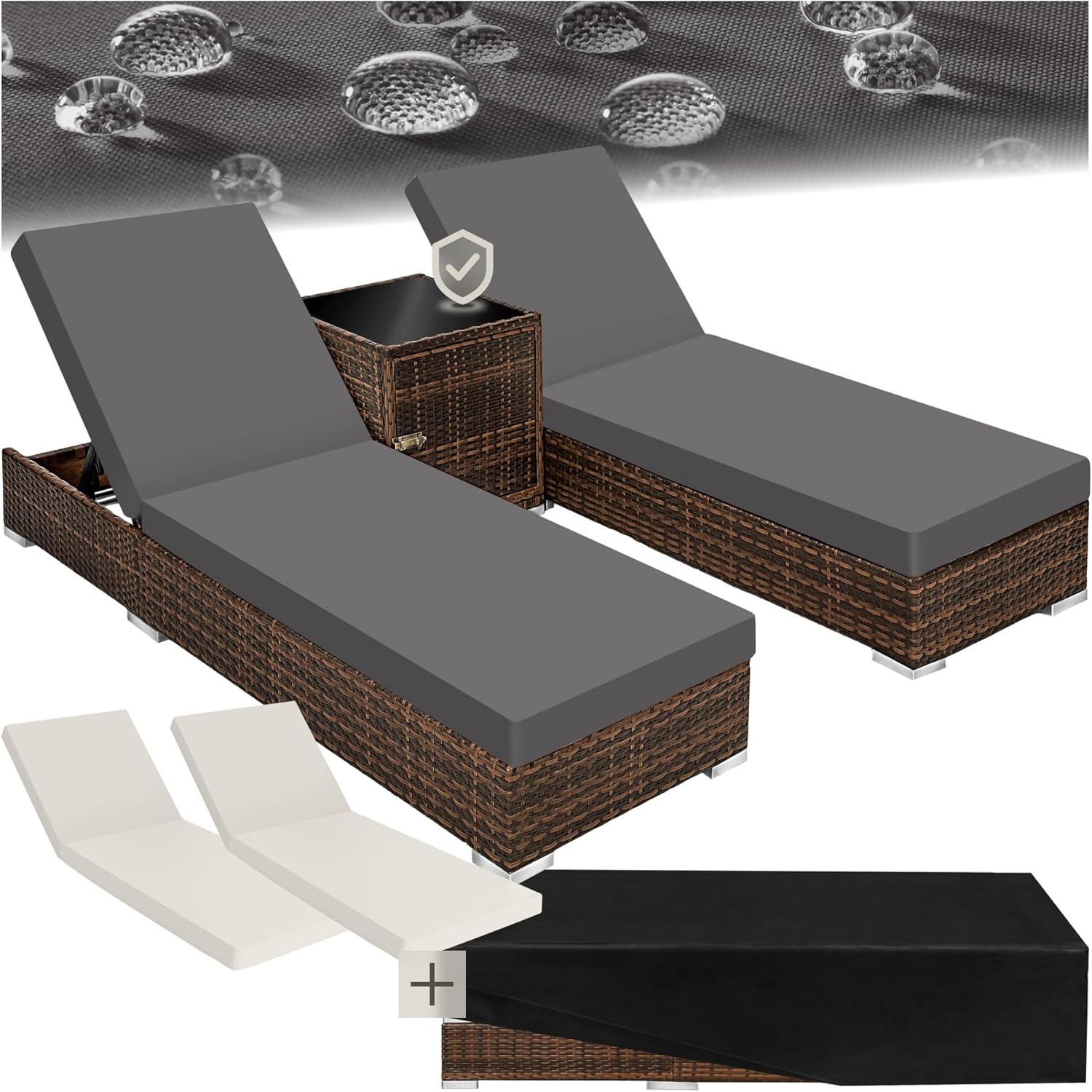 tectake® 2er Lounge Sonnenliegen Set Plus Tisch – inkl. 2 Bezugsets und Schutzhülle, Outdoor Poly Rattan Gartenmöbel Set, 2er Set - braun
