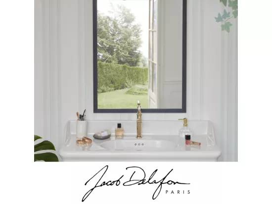 Pack plan vasque suspendu JACOB DELAFON Cléo 1889 + colonne droite + siphon or