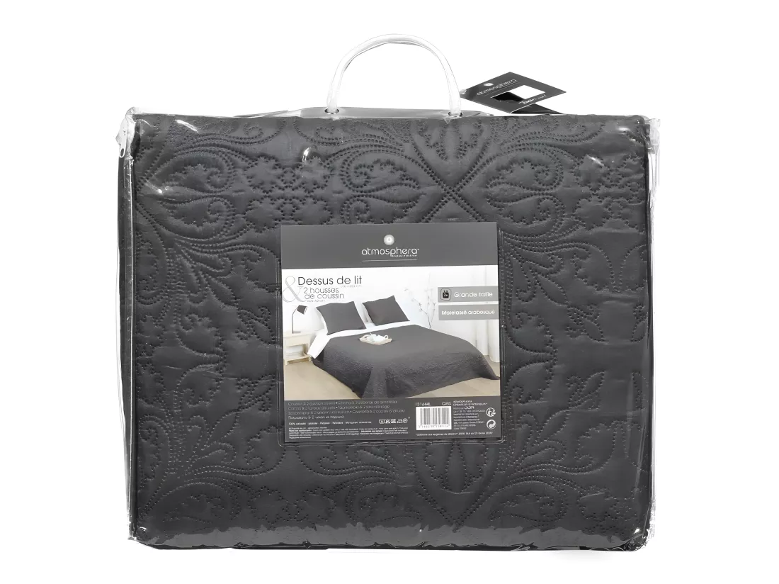 Dessus de lit Gris foncé motif Arabesque 240 x 260 avec 2 Taies