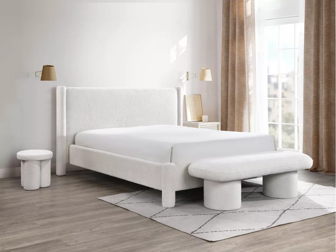 Lit 180 x 200 cm - Tissu bouclette - Blanc - CONOMO