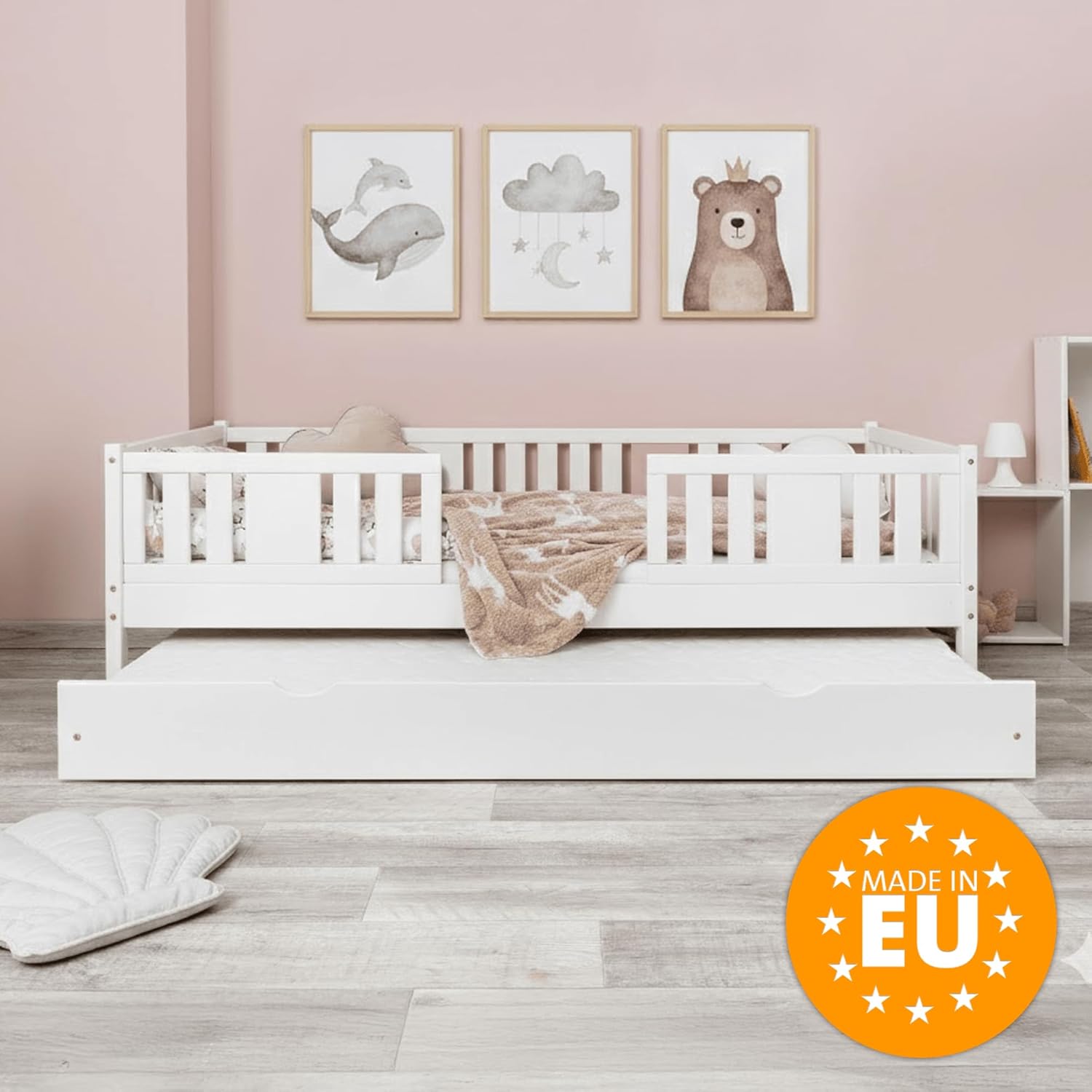 Kinderbett 90x200 cm - Jugendbett mit Auszugbett Lattenrost & Rausfallschutz - Einzelbett Kinder Bett aus Kiefer Massivholz Weiß - Kleinkindbett für Jungen & Mädchen - Standhöhe 20 cm