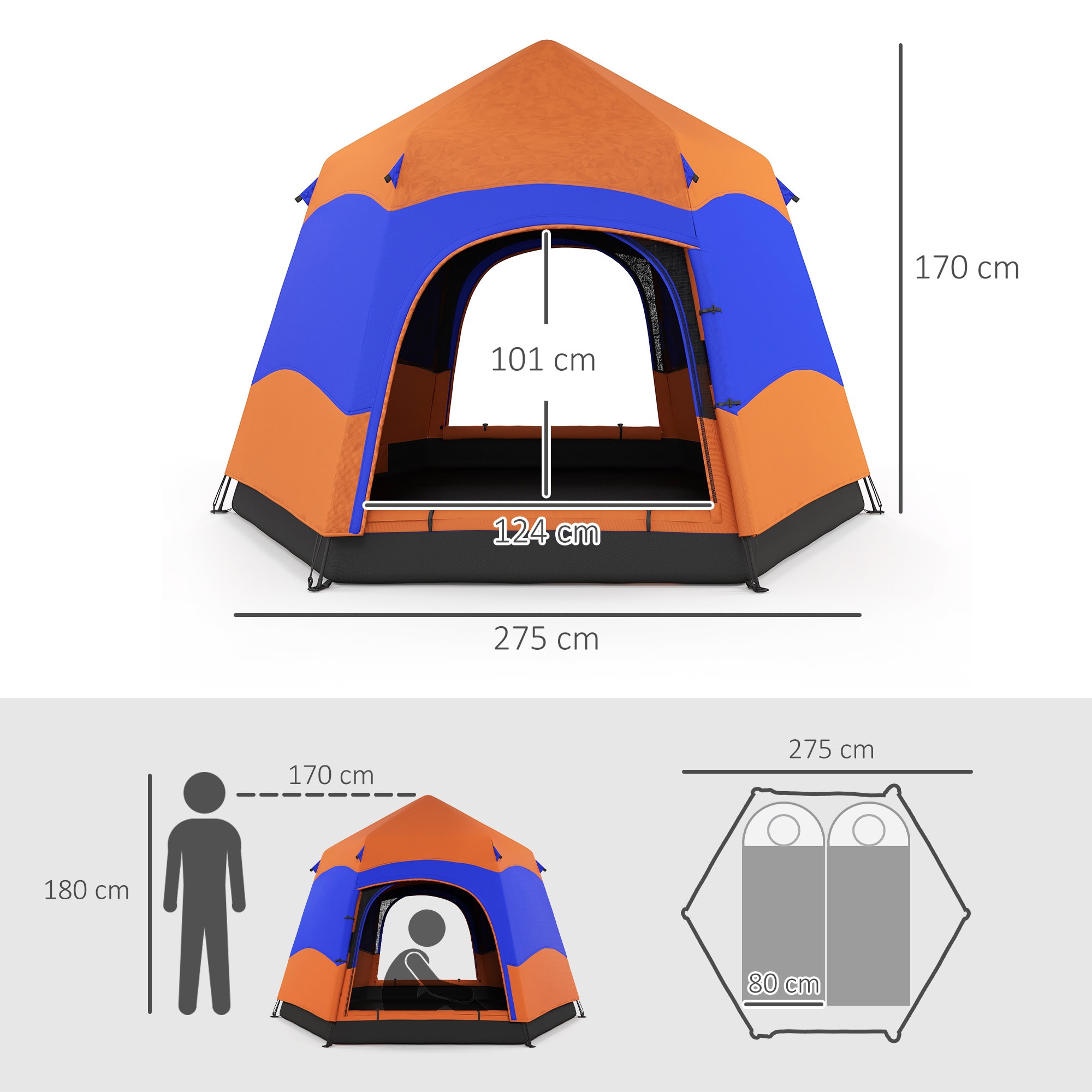 Outsunny Doppelwandzelt für 5–6 Personen orange, blau 280 x 280 x 170 cm (LxBxH)