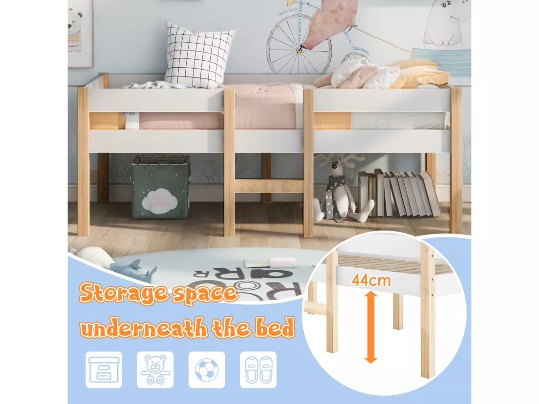 Lit mi-hauteur 90 x 200 cm avec escalier - Charge max. 120kg - Bois de pin massif - Blanc