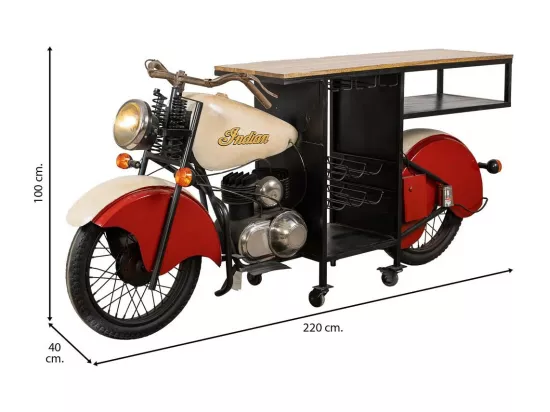 Barre porte-bouteilles moto en bois et métal rouge 220x40x100h