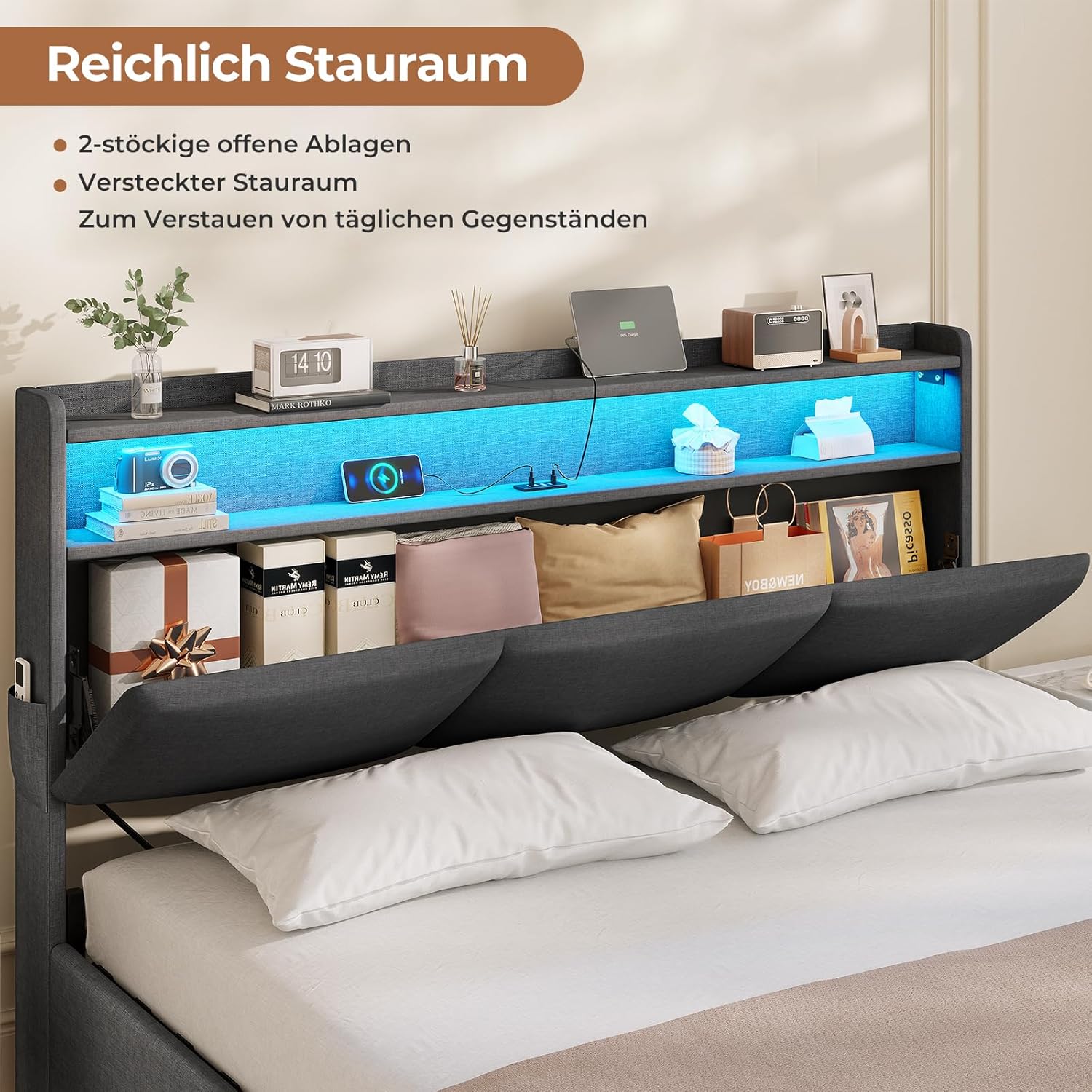 AOGLLATI Polsterbett 140×200 mit Steckdosen und LED-Beleuchtung, Doppelbett mit Stauraum Kopfteil, Bett 140×200 mit Hydraulische Stauraum und Lattenrost aus Holz, Linen, Dunkelgrau（Ohne Matratze）