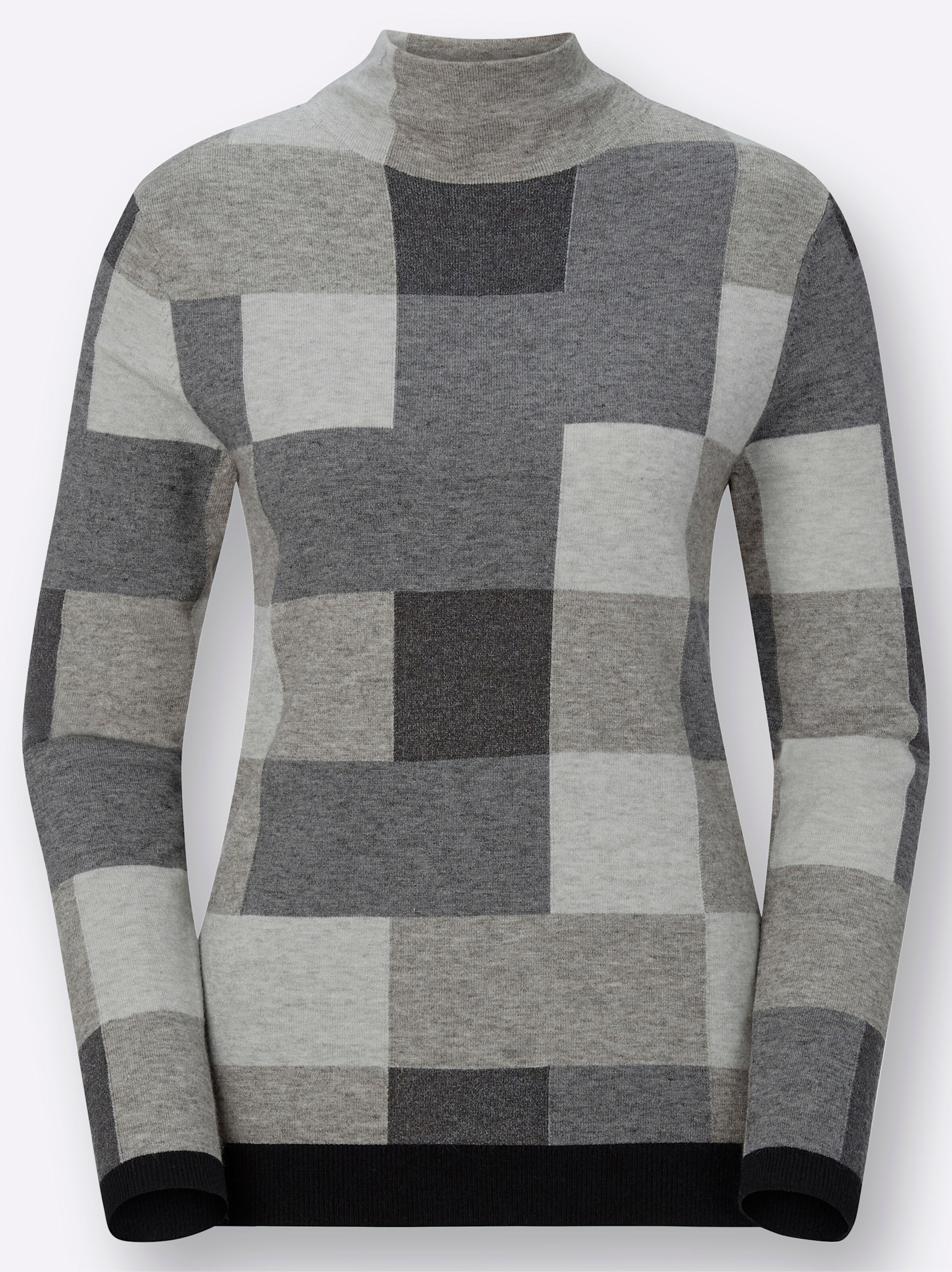 Stehkragenpullover in grau-schwarz-gemustert