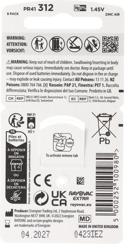 Rayovac 312 - PR41 Extra - 8 pack