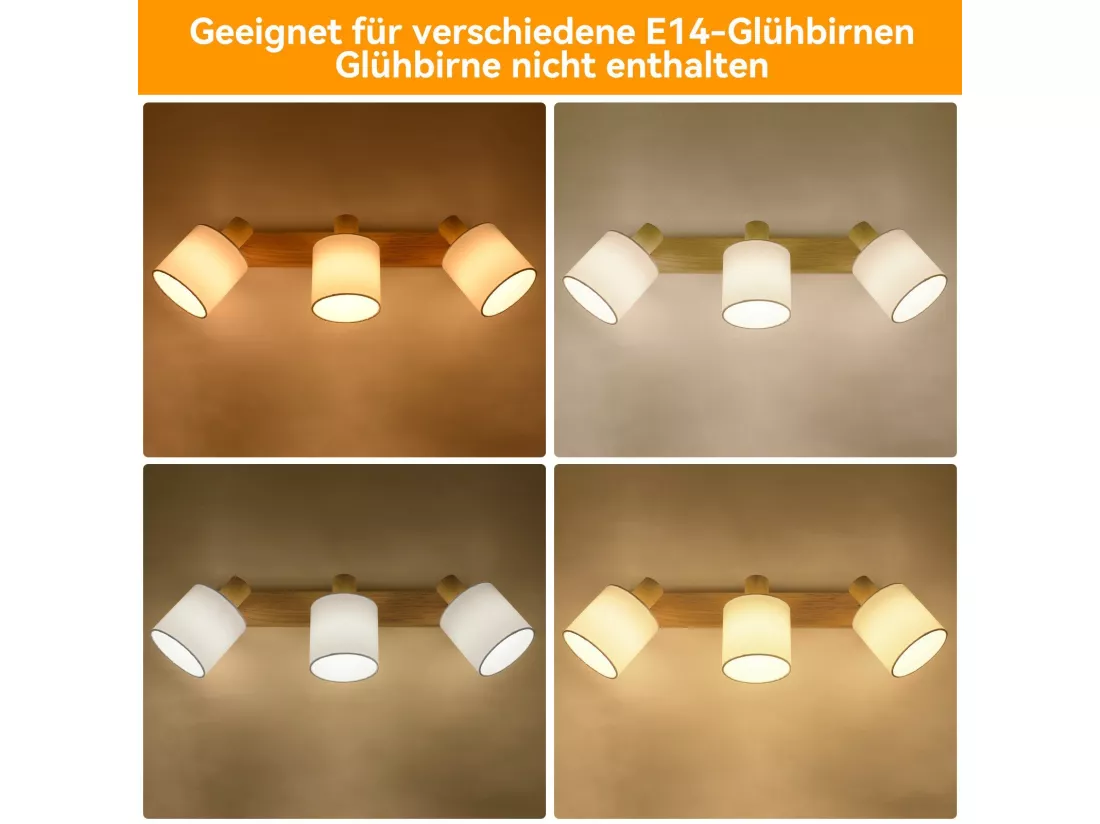 NETTLIFE 3 Spots de Plafond Couloir Mural Moderne en Bois Pivotant à 350°E14 MAX.25W Lampe pour Salon Chambre Cuisine (sans Ampoule)