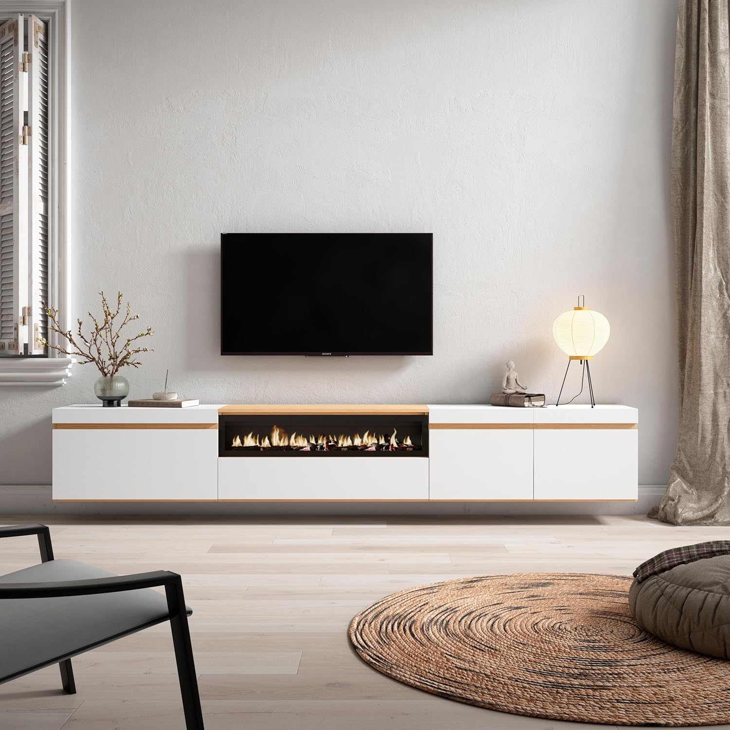 Skraut Home | TV-Schrank, Lowboard | für Wohnzimmer und Esszimmer | 288x45x35 cm | Für großformatiges TV | Elektrokamin. | Hängend | Moderner Stil | Weiß und Eiche Soft