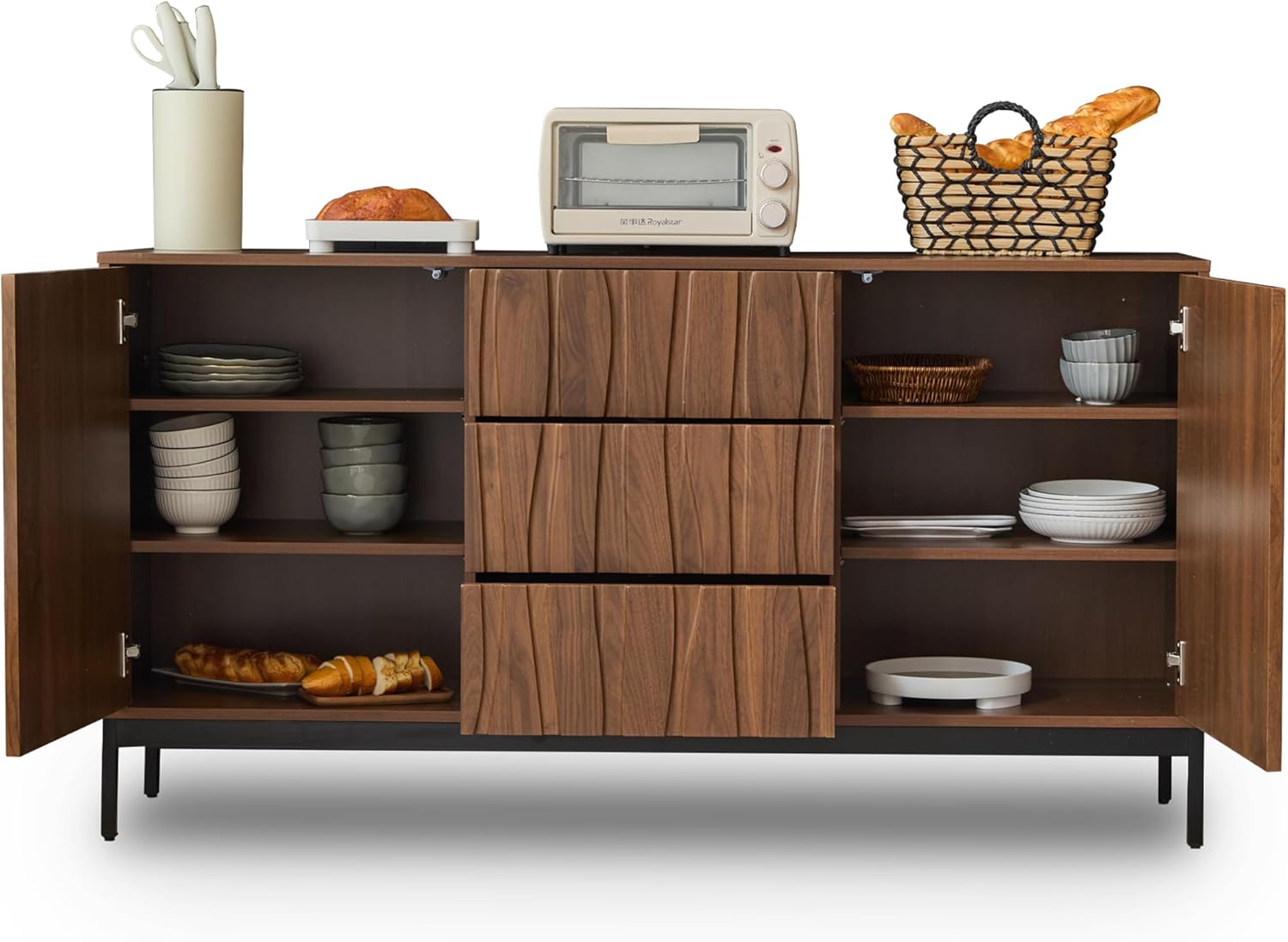 Sideboard 150cm Eiche Dunkel Gemasert, 3 Schubladen, Großes Sideboard, Küchenschrank, Einteilige Aussparung, Schrank für Küche, Wohnzimmer, Eingangsbereich, Flur