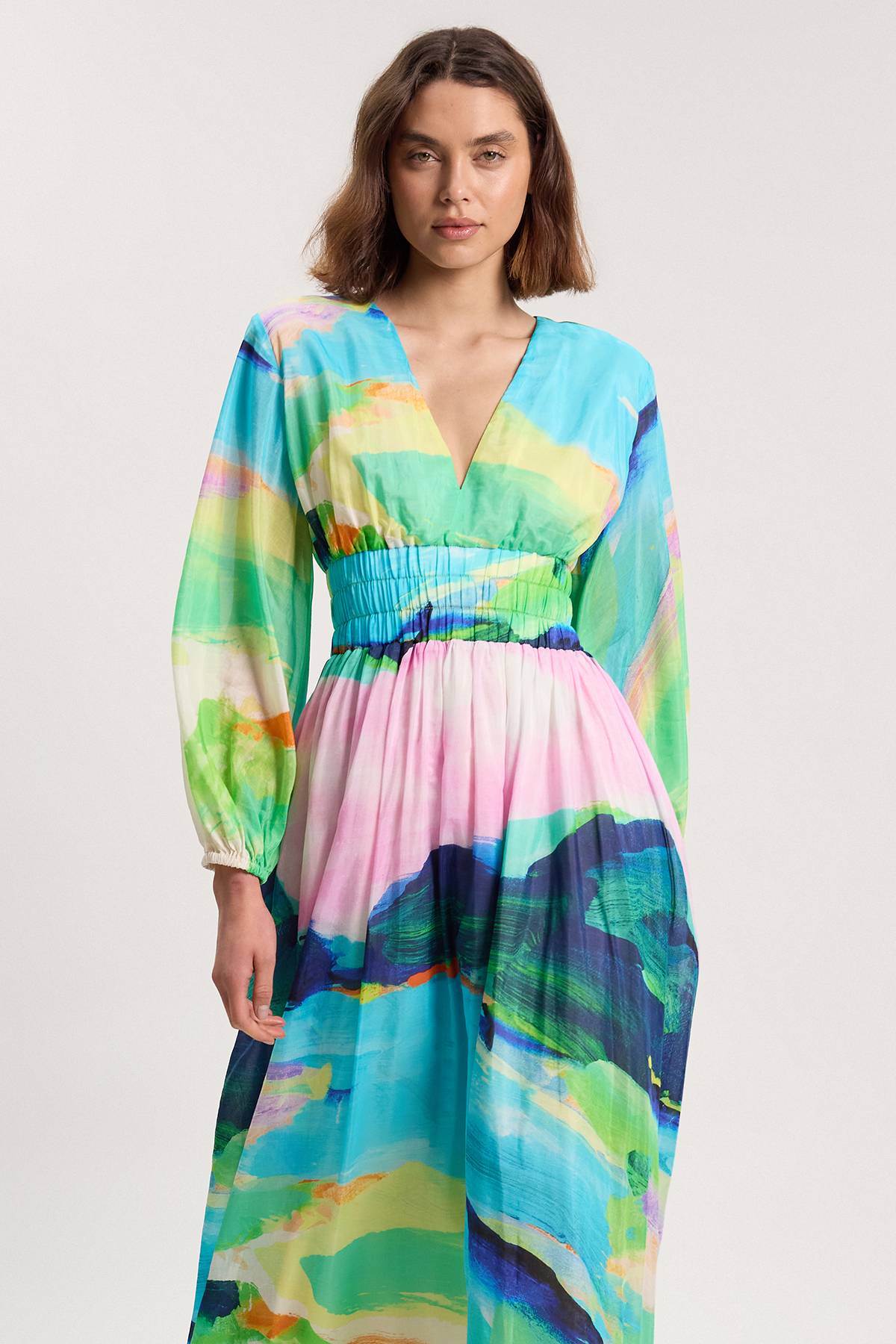 KarenMillen Robe Maxi Tissée En Coton Soie À Imprimé Paysage Et Manches Ballon