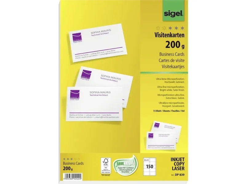 Sigel DP839 - Mikroperforeret - skinnende hvid - 85 x 55 mm - 200 g/m² - 150 kort (15 ark x 10) visitkort