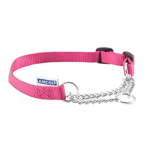 Coleira para cães em náilon cor framboesa com corrente.